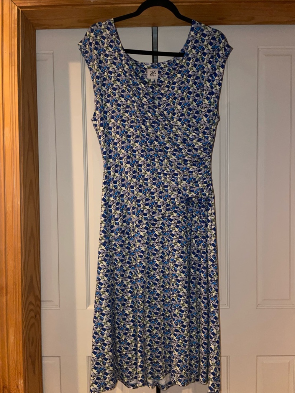 Blue Geometric Cap-Sleeve Midi Dress